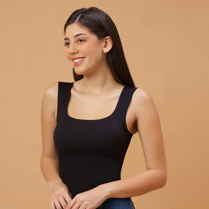 Seamless Padded Bra Top with Broad Straps & U-Neckline Black