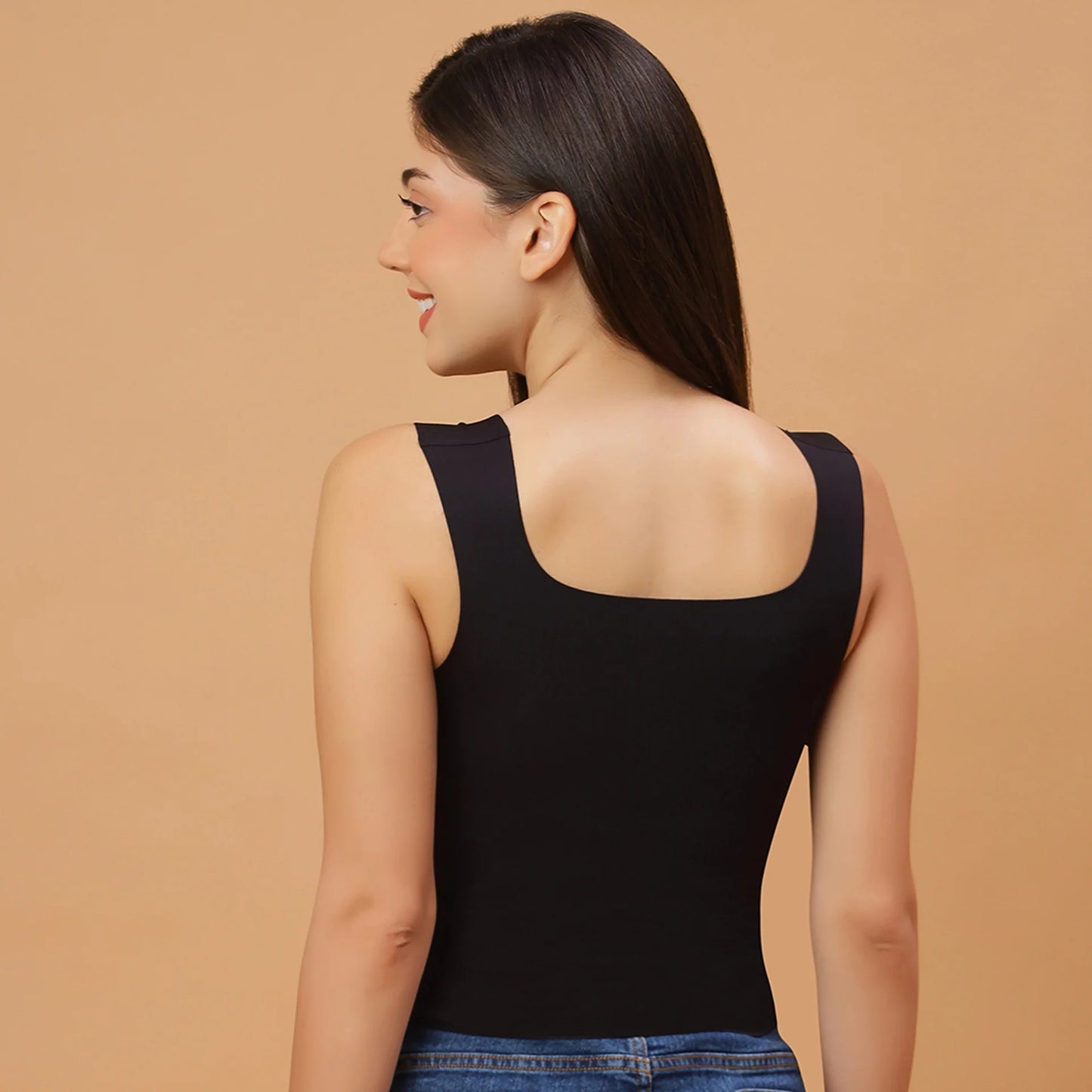 Seamless Padded Bra Top with Broad Straps & U-Neckline Black