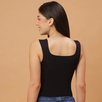 Seamless Padded Bra Top with Broad Straps & U-Neckline Black